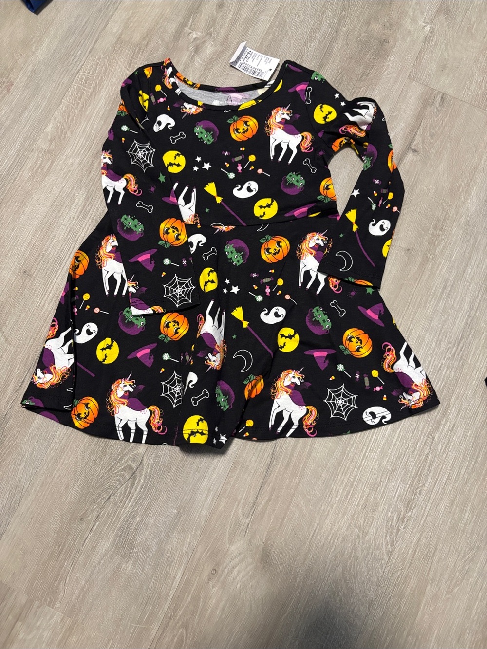 Black Halloween Unicorn Print Dress with Colorful Motifs